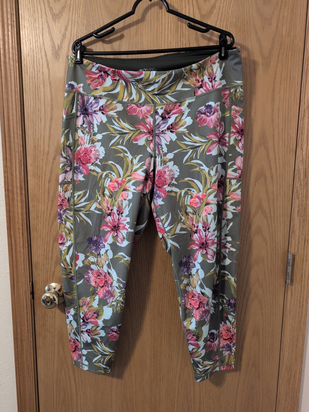 Ideology Olive Floral Capri Leggings with Pink & Purple Blooms